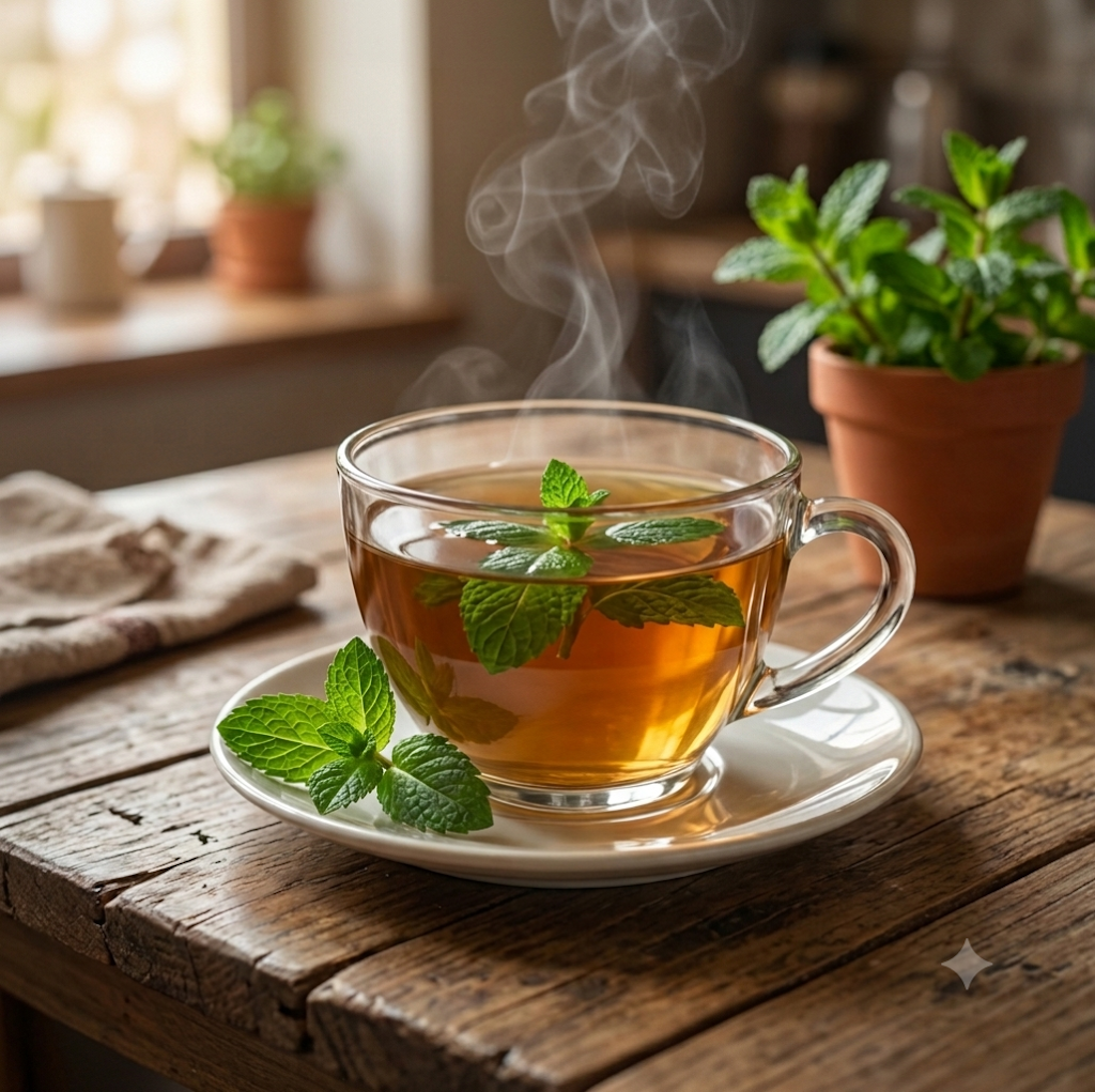 brewed cup with mint leaves